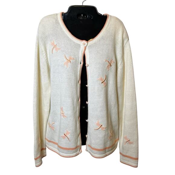 Vintage C&B Women’s M Cardigan Dragonfly Embroidered Ivory Peach Y2K Cottagecore - Picture 2 of 10